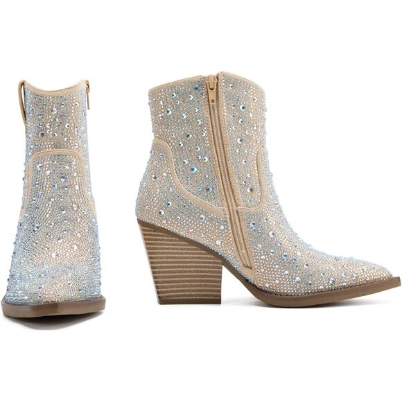 ✨Sparkle Champagne Ankle Boots🍾💎 Rhinestone Pointed Bling✨👢Western Heel Boots👢🌟 - Picture 4 of 6